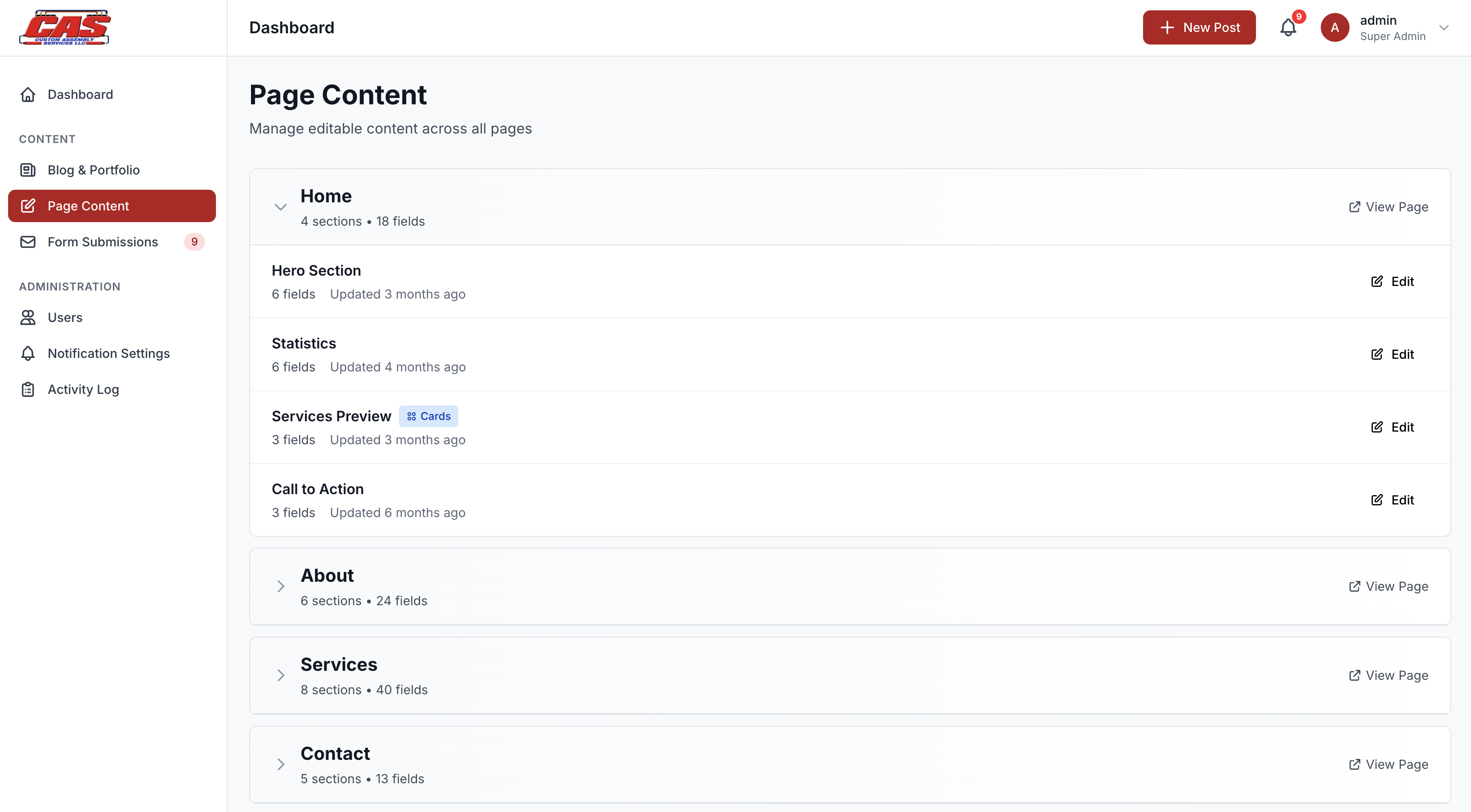 Lean CMS admin Page Content editor — left sidebar nav, expanded Home page showing Hero Section, Statistics, Services Preview, and Call to Action with field counts and last-edited timestamps