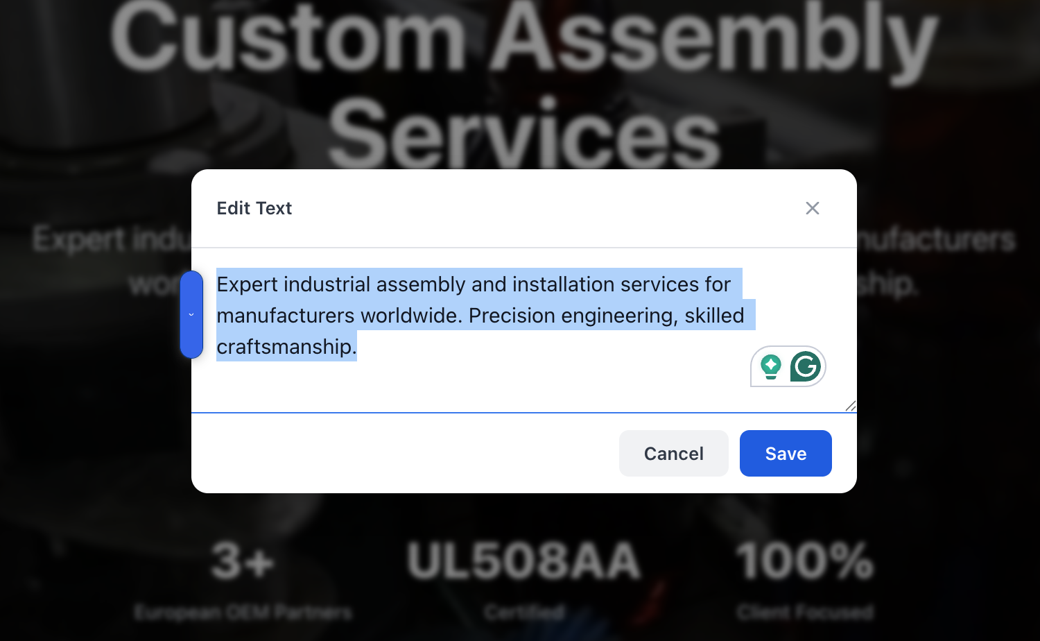 The Edit Text modal opened against the dimmed page: a textarea pre-populated with the current subheading, Cancel and Save buttons, with the surrounding page still visible behind