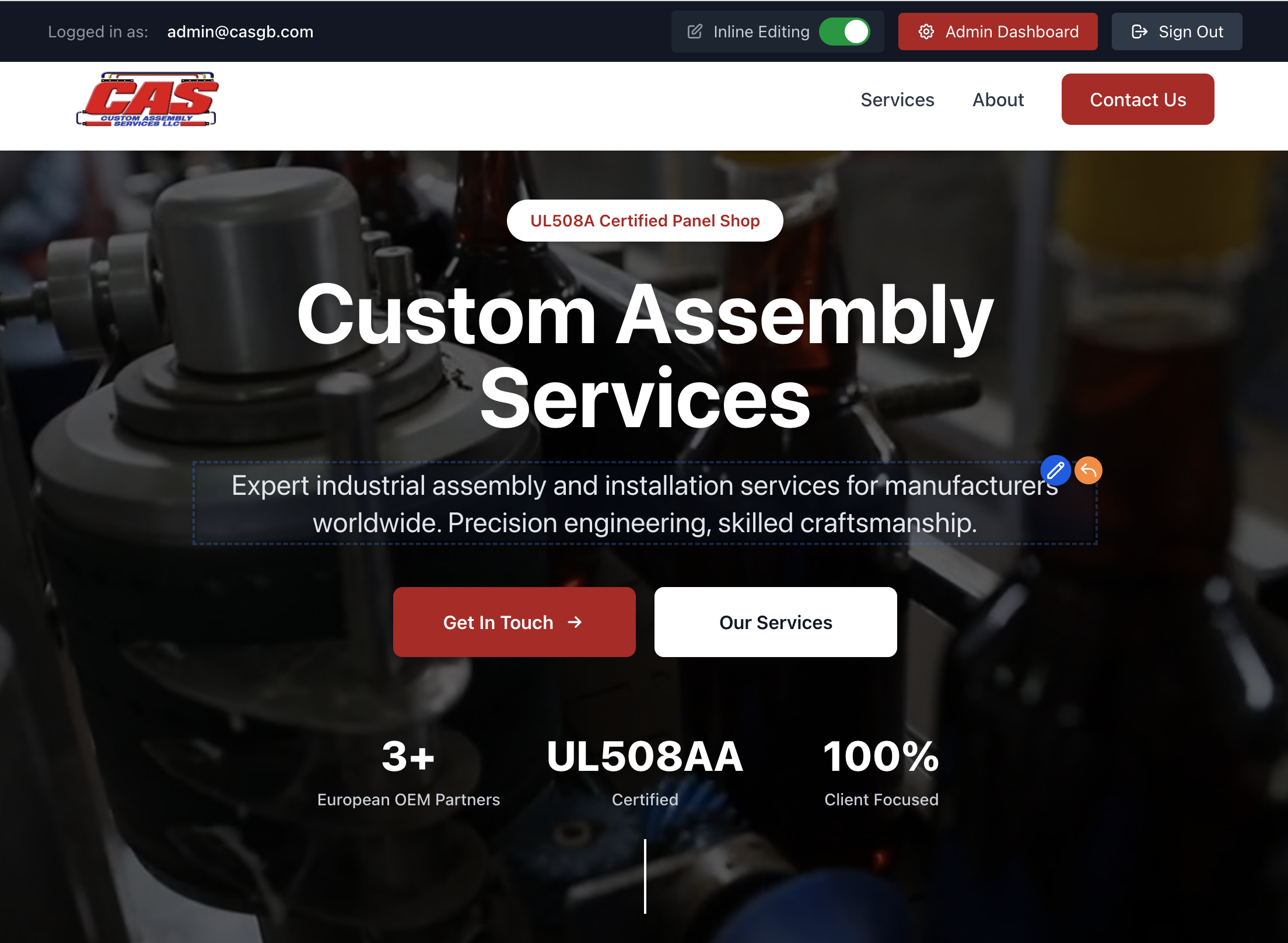 Lean CMS in-context editing on the live page: hovering the hero subheading reveals floating Edit and Undo buttons next to the text, with a dashed outline showing the editable region